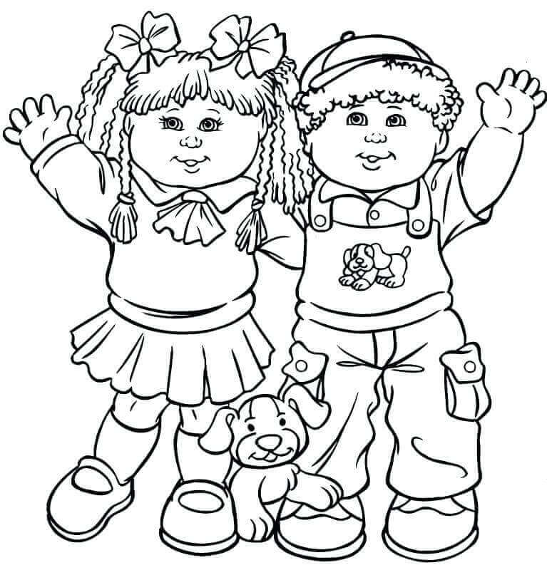 Online coloring book: Coloring book children and little dog are waiting for gifts